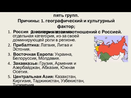 Постсоветские государства делят так же и на пять групп. Причины: 1. географический