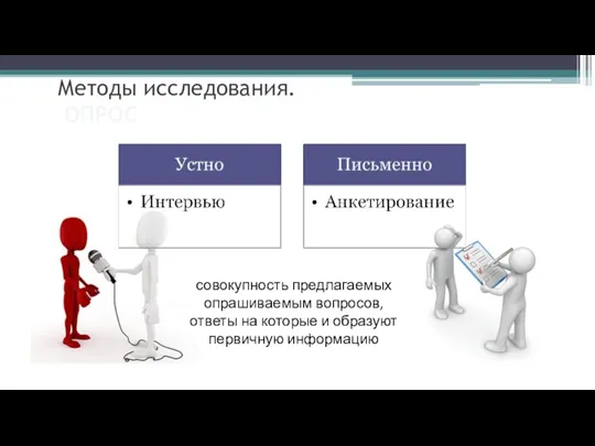 Методы исследования. ОПРОС совокупность предлагаемых опрашиваемым вопросов, ответы на которые и образуют первичную информацию