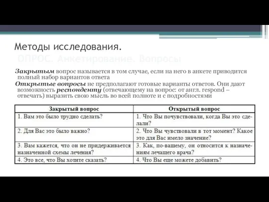 Методы исследования. ОПРОС. Анкетирование. Вопросы Закрытым вопрос называется в том случае, если