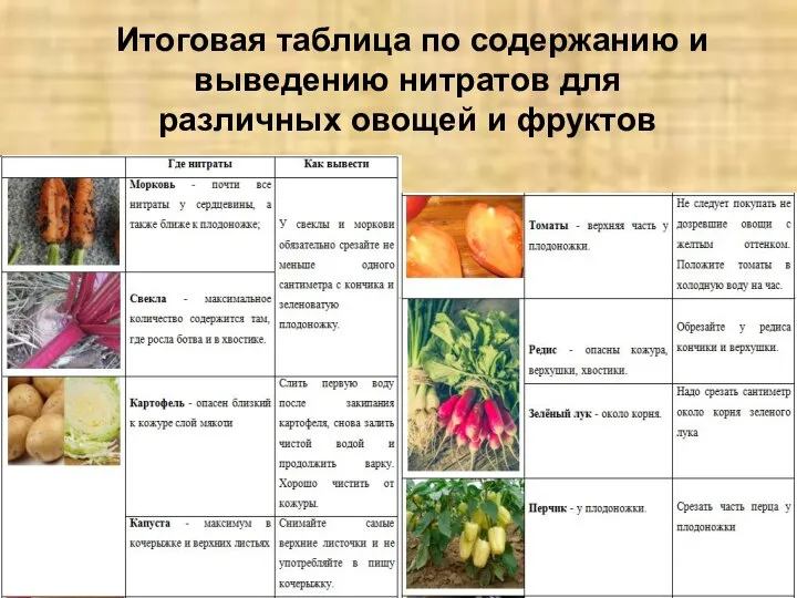 Итоговая таблица по содержанию и выведению нитратов для различных овощей и фруктов