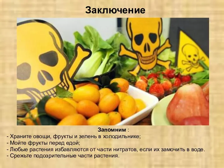 Заключение Запомним : - Храните овощи, фрукты и зелень в холодильнике; -