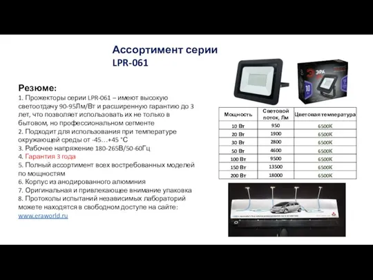 Ассортимент серии LPR-061 Резюме: 1. Прожекторы серии LPR-061 – имеют высокую светоотдачу