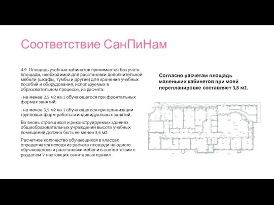 Соответствие СанПиНам 4.9. Площадь учебных кабинетов принимается без учета площади, необходимой для