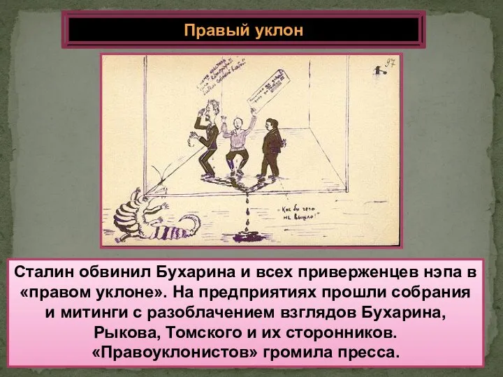 Сталин обвинил Бухарина и всех приверженцев нэпа в «правом уклоне». На предприятиях