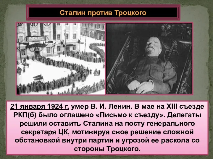 21 января 1924 г. умер В. И. Ленин. В мае на XIII