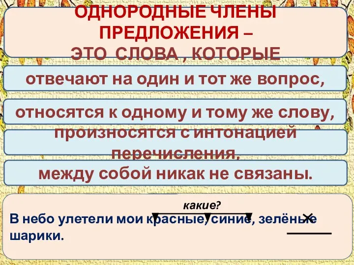 ОДНОРОДНЫЕ ЧЛЕНЫ ПРЕДЛОЖЕНИЯ – ЭТО СЛОВА , КОТОРЫЕ отвечают на один и