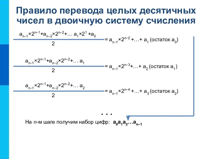 Правило перевода целых десятичных чисел в двоичную систему счисления an–1×2n–1+an–2×2n–2+… a1×21 +a0