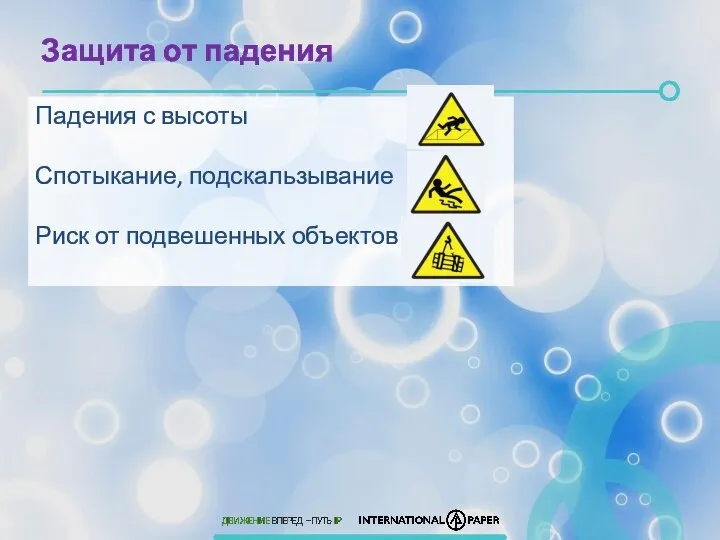 Защита от падения Падения с высоты Спотыкание, подскальзывание Риск от подвешенных объектов