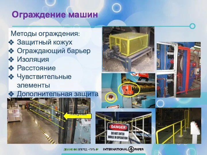 Ограждение машин Методы ограждения: Защитный кожух Ограждающий барьер Изоляция Расстояние Чувствительные элементы Дополнительная защита