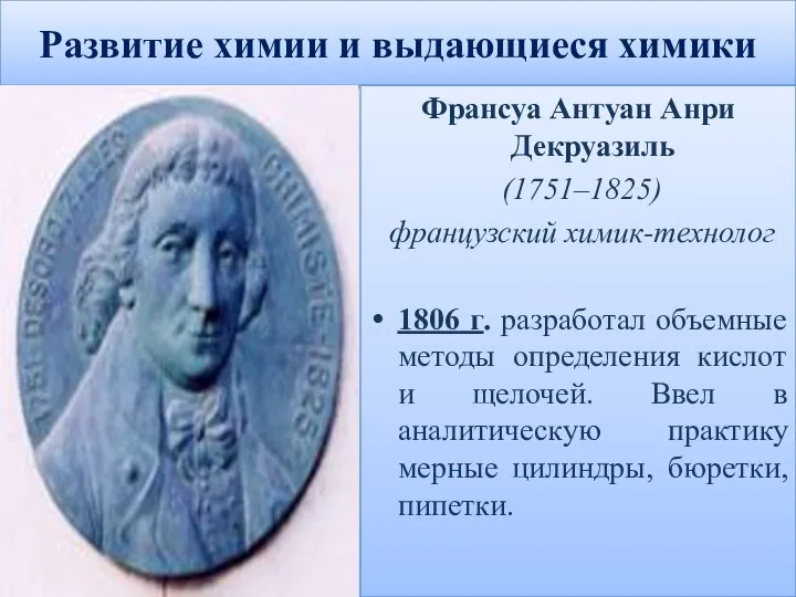 Развитие химии и выдающиеся химики Франсуа Антуан Анри Декруазиль (1751–1825) французский химик-технолог