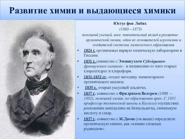 Развитие химии и выдающиеся химики Юстус фон Либих (1803—1873) немецкий ученый, внес