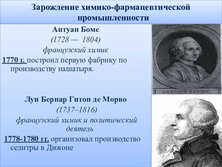 Зарождение химико-фармацевтической промышленности Антуан Боме (1728 — 1804) французский химик 1770 г.