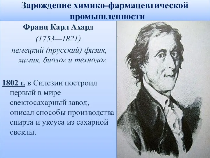 Зарождение химико-фармацевтической промышленности Франц Карл Ахард (1753—1821) немецкий (прусский) физик, химик, биолог