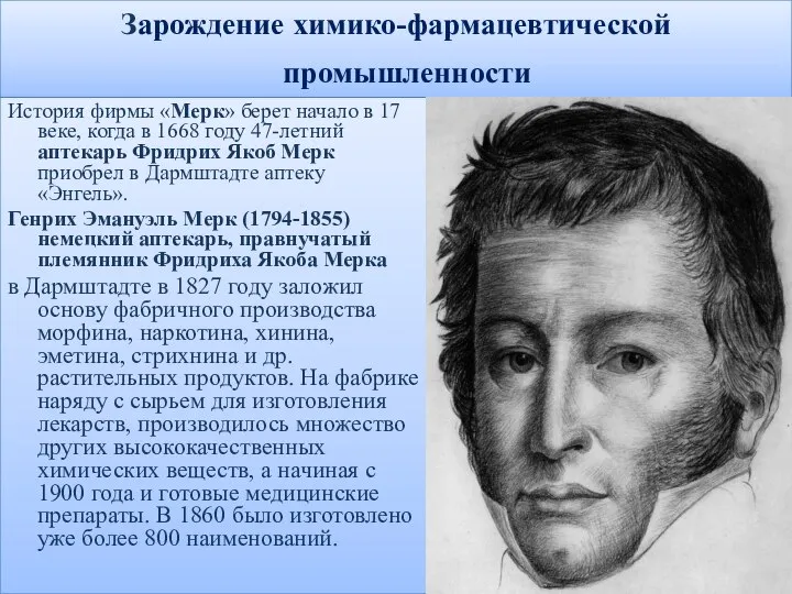 Зарождение химико-фармацевтической промышленности История фирмы «Мерк» берет начало в 17 веке, когда