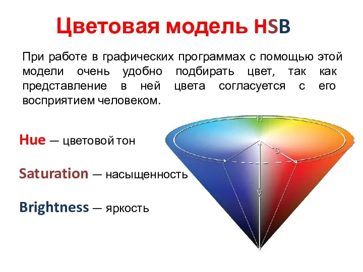 Цветовая модель HSB Hue — цветовой тон Saturation — насыщенность Brightness —