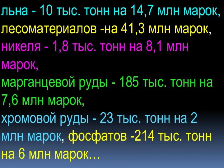 льна - 10 тыс. тонн на 14,7 млн марок, лесоматериалов -на 41,3