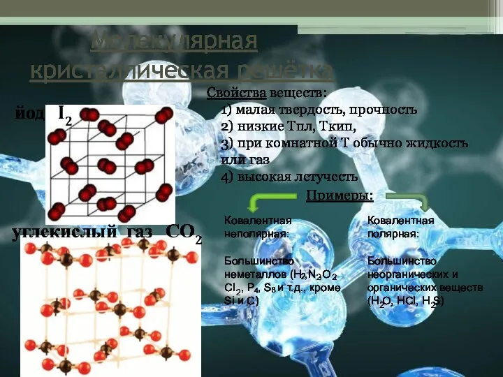 Свойства веществ: 1) малая твердость, прочность 2) низкие Тпл, Ткип, 3) при