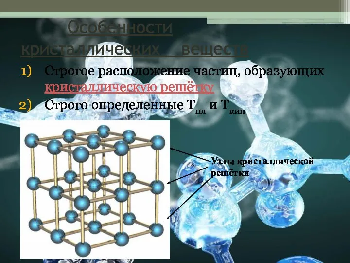 Особенности кристаллических веществ Строгое расположение частиц, образующих кристаллическую решётку Строго определенные Тпл