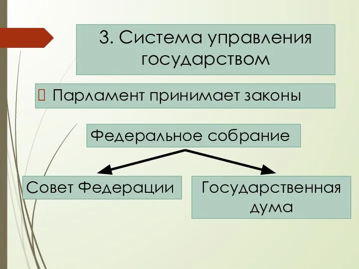 Парламент принимает законы 3. Система управления государством Федеральное собрание Совет Федерации Государственная дума