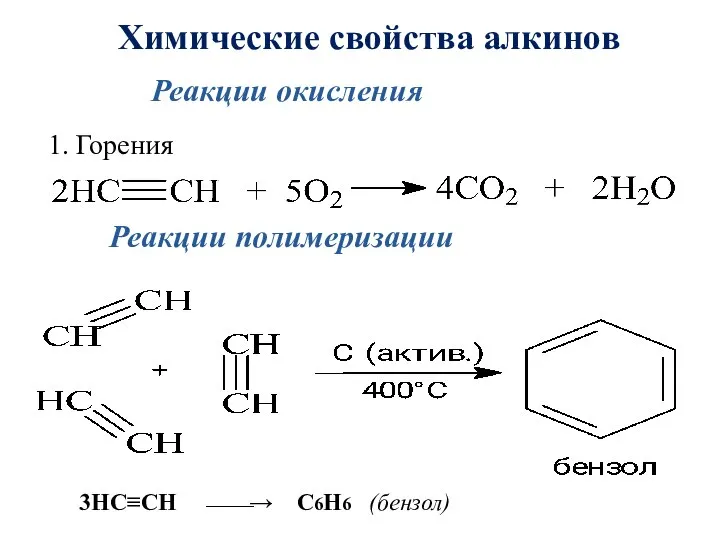 Химические свойства алкинов Реакции окисления 1. Горения Реакции полимеризации 3НC≡CH ⎯⎯→ С6H6 (бензол)