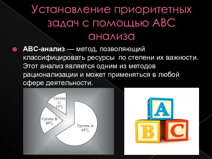 Установление приоритетных задач с помощью АВС анализа ABC-анализ — метод, позволяющий классифицировать