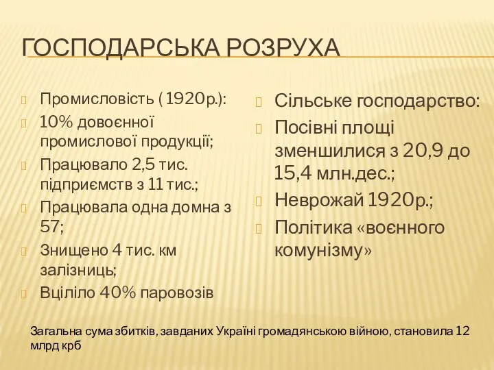 ГОСПОДАРСЬКА РОЗРУХА Промисловість ( 1920р.): 10% довоєнної промислової продукції; Працювало 2,5 тис.