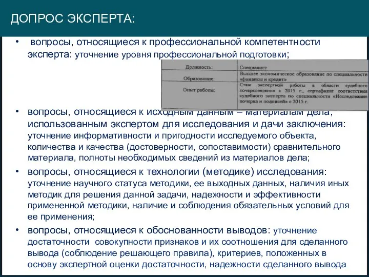 вопросы, относящиеся к профессиональной компетентности эксперта: уточнение уровня профессиональной подготовки; вопросы, относящиеся