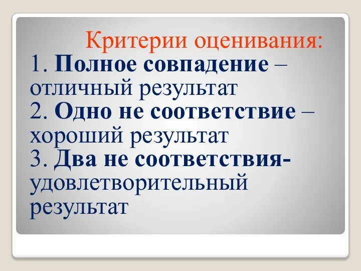 Критерии оценивания: 1. Полное совпадение – отличный результат 2. Одно не соответствие