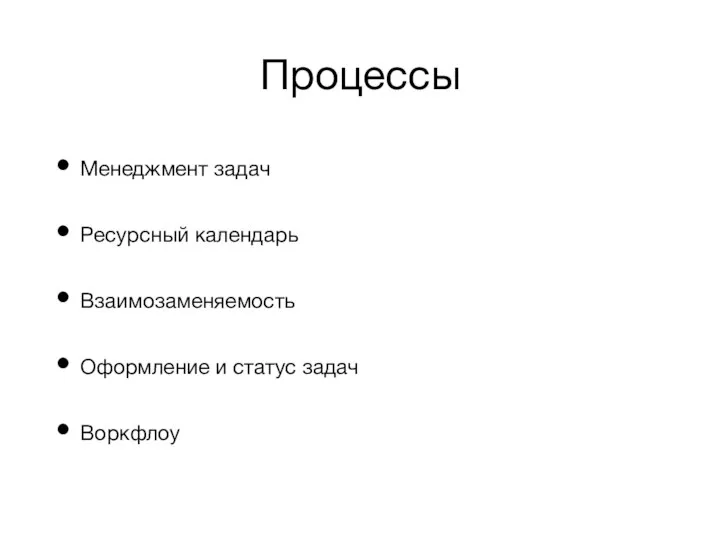 Процессы Менеджмент задач Ресурсный календарь Взаимозаменяемость Оформление и статус задач Воркфлоу