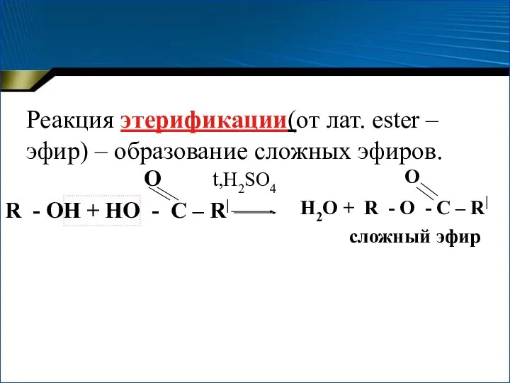 Реакция этерификации(от лат. ester – эфир) – образование сложных эфиров. O t,H2SO4