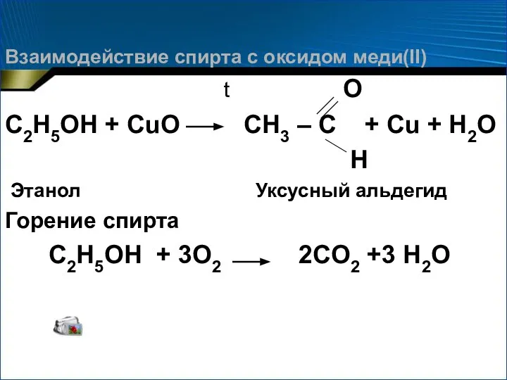 Взаимодействие спирта с оксидом меди(II) t O C2H5OH + CuO CH3 –