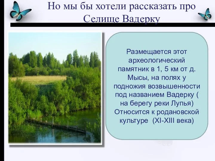 Но мы бы хотели рассказать про Селище Вадерку Размещается этот археологический памятник