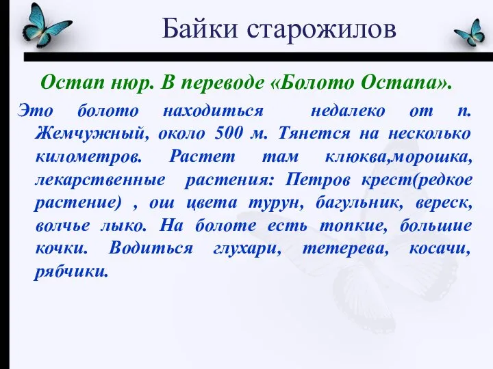 Байки старожилов Остап нюр. В переводе «Болото Остапа». Это болото находиться недалеко