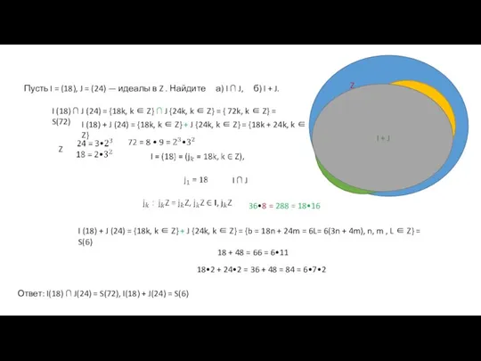 Пусть I = (18), J = (24) — идеалы в Z .