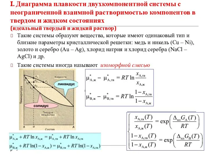 I. Диаграмма плавкости двухкомпонентной системы с неограниченной взаимной растворимостью компонентов в твердом