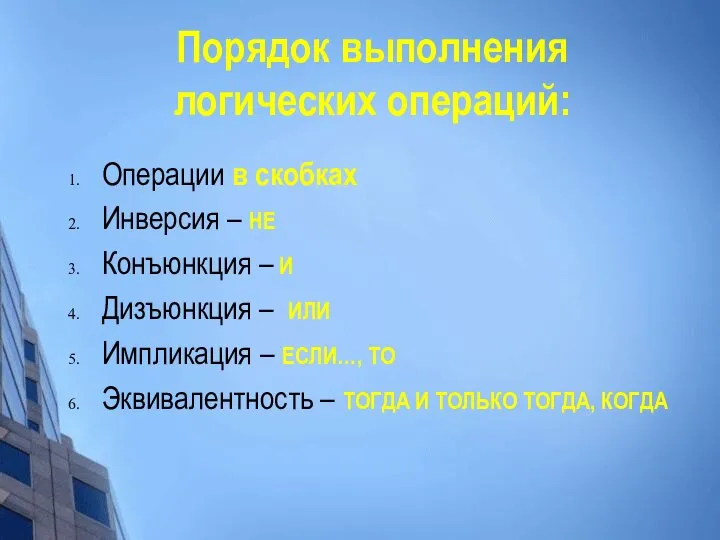 Порядок выполнения логических операций: Операции в скобках Инверсия – НЕ Конъюнкция –