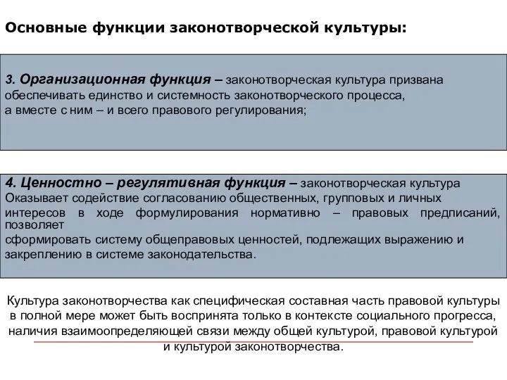 Основные функции законотворческой культуры: 3. Организационная функция – законотворческая культура призвана обеспечивать