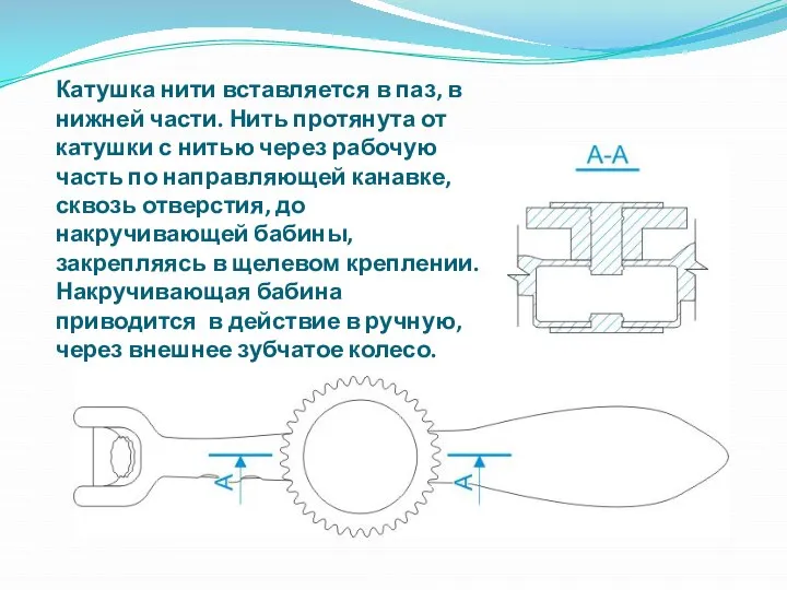 Катушка нити вставляется в паз, в нижней части. Нить протянута от катушки