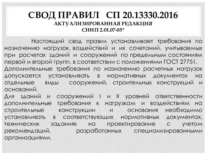 СВОД ПРАВИЛ СП 20.13330.2016 АКТУАЛИЗИРОВАННАЯ РЕДАКЦИЯ СНИП 2.01.07-85* Настоящий свод правил устанавливает