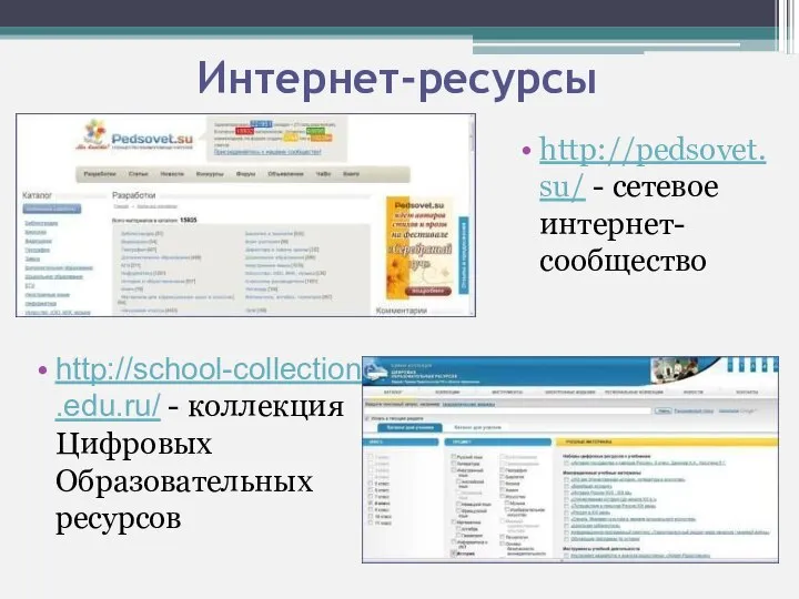 Интернет-ресурсы http://pedsovet.su/ - сетевое интернет-сообщество http://school-collection.edu.ru/ - коллекция Цифровых Образовательных ресурсов