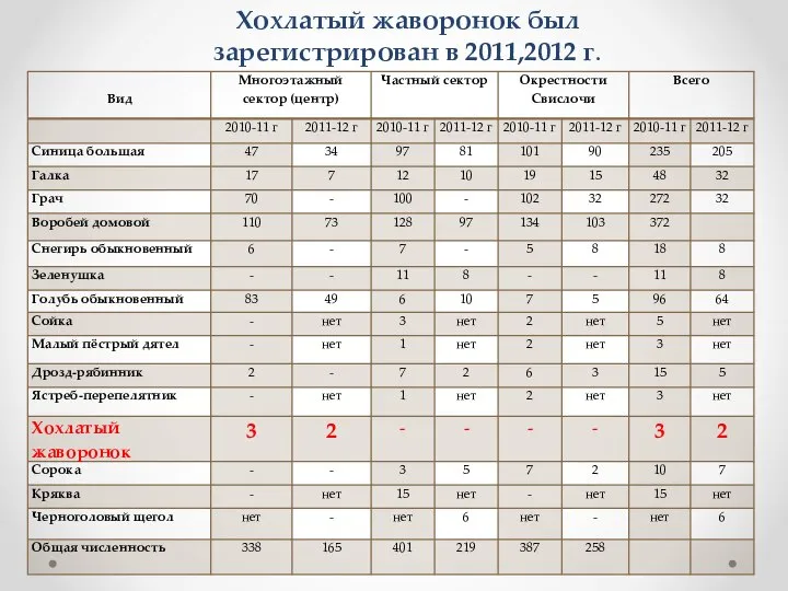 Хохлатый жаворонок был зарегистрирован в 2011,2012 г.