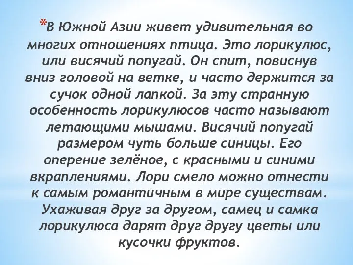 В Южной Азии живет удивительная во многих отношениях птица. Это лорикулюс, или