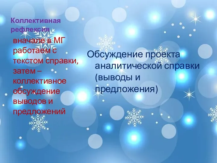 Коллективная рефлексия Обсуждение проекта аналитической справки (выводы и предложения) вначале в МГ