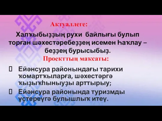 Актуаллеге: Халҡыбыҙҙың рухи байлығы булып торған шәхестәребеҙҙең исемен Һаҡлау – беҙҙең бурысыбыҙ.