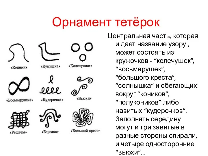 Орнамент тетёрок Центральная часть, которая и дает название узору , может состоять