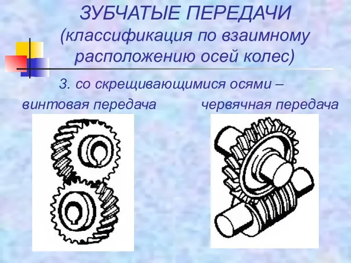 ЗУБЧАТЫЕ ПЕРЕДАЧИ (классификация по взаимному расположению осей колес) 3. со скрещивающимися осями