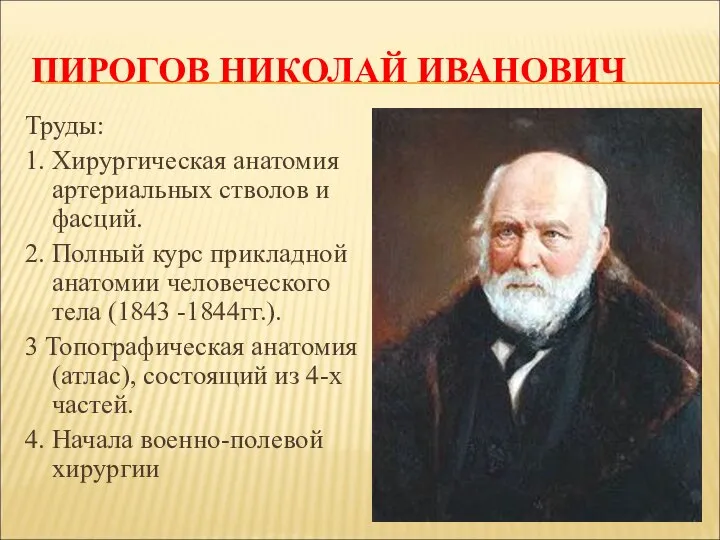 ПИРОГОВ НИКОЛАЙ ИВАНОВИЧ Труды: 1. Хирургическая анатомия артериальных стволов и фасций. 2.