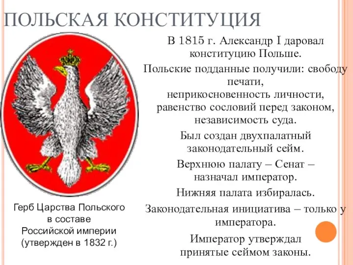 ПОЛЬСКАЯ КОНСТИТУЦИЯ В 1815 г. Александр I даровал конституцию Польше. Польские подданные