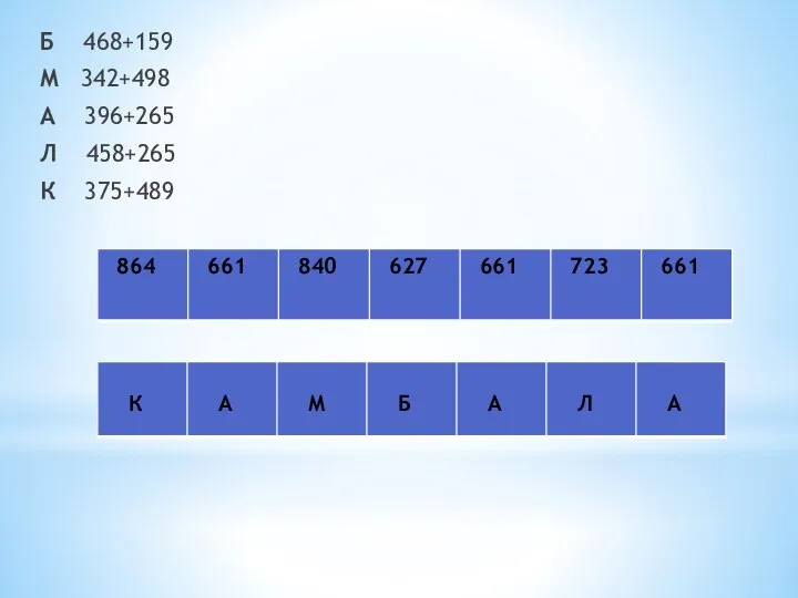 Б 468+159 М 342+498 А 396+265 Л 458+265 К 375+489