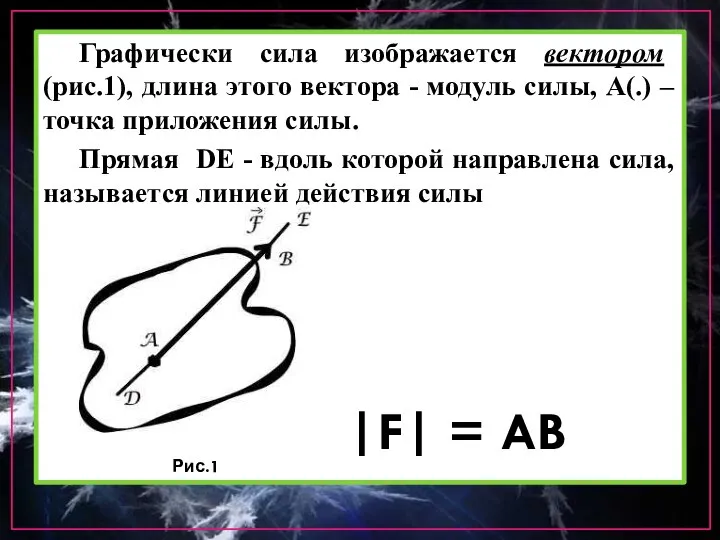 Графически сила изображается вектором (рис.1), длина этого вектора - модуль силы, А(.)